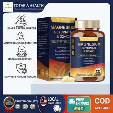 Totaria Magnesium Glycinate อาหารเสริมวิตามิน D3 5000 IU & K2 MK-7, วิตามินซี, วิตามินบีคอมเพล็กซ์, สังกะสี - สุขภาพกระดูก, รองรับภูมิคุ้มกัน, ประสาท & อารมณ์