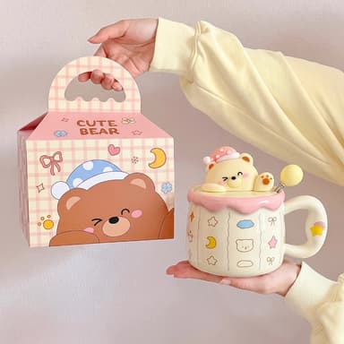 SENSENLIVE แก้วหมีน่ารัก Bear Mug แก้วเซรามิกพร้อมฝาและช้อน ถ้วยนม กล่องของขวัญ ของขวัญวันเกิด คริสต์มาส