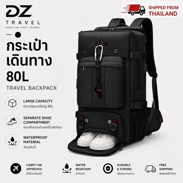 จัดส่งจากกรุงเทพ 80L กระเป๋าเป้เดินทาง กันน้ำ ขยายความจุได้ 