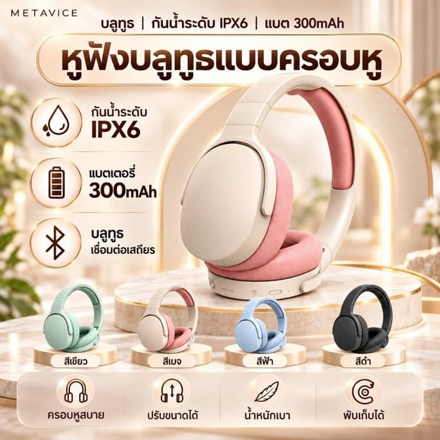 หูฟังบลูทูธ หูฟังครอบหูไร้สาย กันน้ำ IPX6 แบต 300mAh ปรับขนา