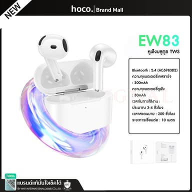 HOCO  EW83 คือ หูฟังไร้สายประเภท True Wireless Stereo (TWS) ที่ใช้การเชื่อมต่อด้วย Bluetooth 5.4