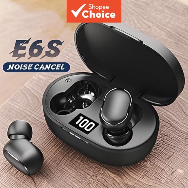 E6S สีดําหูฟังตัดเสียงรบกวนไร้สาย TWS หูฟังบลูทูธพร้อมไมโครโ
