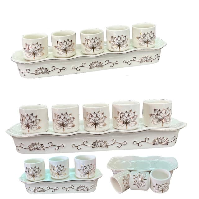 ถ้วยน้ำชา ชุุดถ้วยไหว้ 3ใบ 5 ใบ ลายดอกบัว สีขาว เขียนทอง เซร
