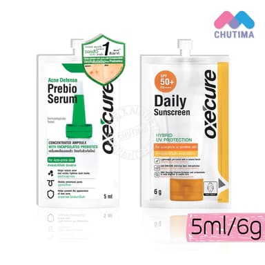 (ซอง) เซรั่มลดรอยสิว/ กันแดด อ๊อกซีเคียว Oxe'cure Daily Sunscreen/ Acne Defense Prebio Serum 5ml./ 6g.