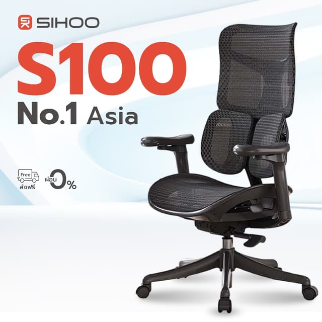 SIHOO รุ่น Doro S100 เก้าอี้สุขภาพพรีเมียม Full Mesh 6D Lumbar Support, ปรับเอน 135° สี White-Cloud/shining black รองรับสรีระ ลดอาการปวดหลังอย่างมีประสิทธิภาพ