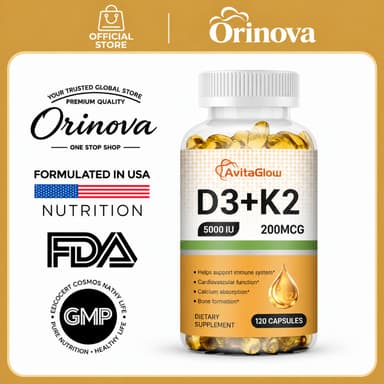 AvitaGlow วิตามิน D3+K2 5000IU 200MCG ช่วยดูดซึมแคลเซียม บำรุงกระดูก ข้อต่อ สนับสนุนภูมิคุ้มกัน [120 แคปซูล]