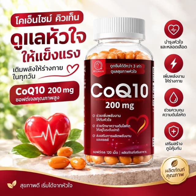 BEAU CoQ10 200mg 120 Capsules - โคเอนไซม์ คิวเทน บำรุงหัวใจ 