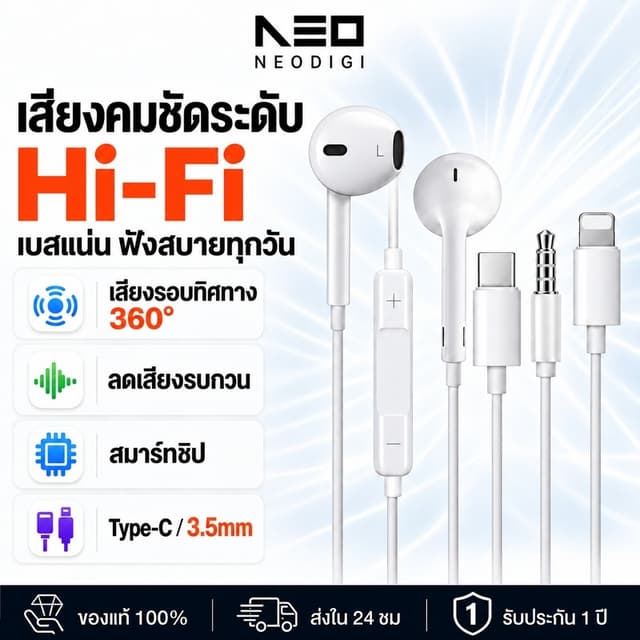 NEODIGI หูฟังแบบมีสาย เสียงเบสสเตอริโอ อินเอียร์พร้อมไมโครโฟ