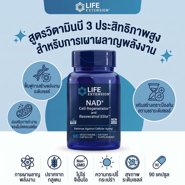 🔥 พร้อมส่ง Life Extension NAD+ Resveratrol 90แคปซูล ฟื้นฟูเ