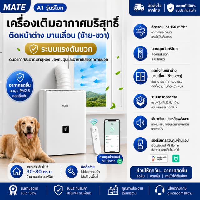 เครื่องกรองอากาศบริสุทธิ์ PM2.5 เติมอากาศแรงดันบวก ติดหน้าต่