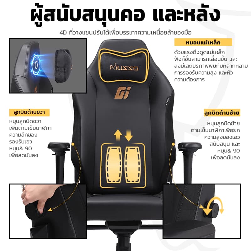 MUSSO รุ่น GIANT XL เก้าอี้สีดำ เก้าอี้สีเทา เก้าอี้เกมมิ่ง 4D ที่พักแขน ปรับได้ เมมโมรี่โฟม พนักพิงศีรษะ และหมอนรองเอว เก้าอี้สํานักงาน เก้าอี้เบาะผ้า https://lnwchill.com
