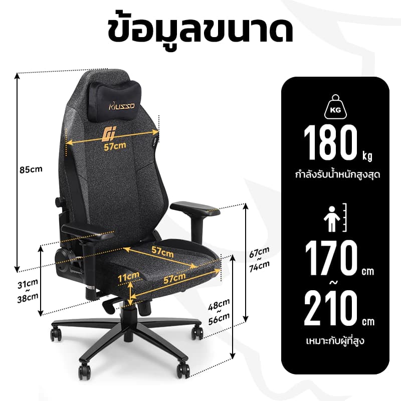 MUSSO รุ่น GIANT XL เก้าอี้สีดำ เก้าอี้สีเทา เก้าอี้เกมมิ่ง 4D ที่พักแขน ปรับได้ เมมโมรี่โฟม พนักพิงศีรษะ และหมอนรองเอว เก้าอี้สํานักงาน เก้าอี้เบาะผ้า https://lnwchill.com