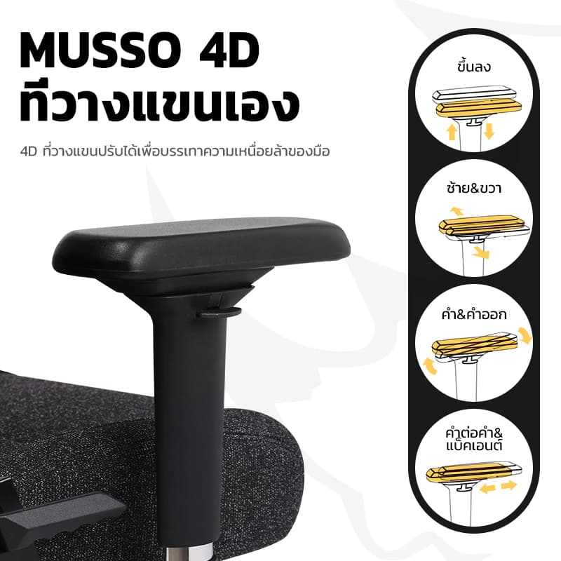 MUSSO รุ่น GIANT XL เก้าอี้สีดำ เก้าอี้สีเทา เก้าอี้เกมมิ่ง 4D ที่พักแขน ปรับได้ เมมโมรี่โฟม พนักพิงศีรษะ และหมอนรองเอว เก้าอี้สํานักงาน เก้าอี้เบาะผ้า https://lnwchill.com