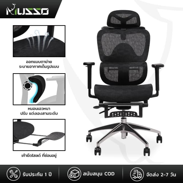 MUSSO รุ่น E600 PRO เก้าอี้สำนักงาน ergonomic ที่วางแขน 3D ปรับได้ เก้าอี้ออฟฟิศพร้อมพนักพิงศีรษะและเอวปรับได้ เก้าอี้สีเทา เก้าอี้สีดำ ราคาดี