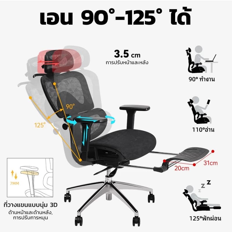 MUSSO รุ่น E600 PRO เก้าอี้สำนักงาน ergonomic ที่วางแขน 3D ปรับได้ เก้าอี้ออฟฟิศพร้อมพนักพิงศีรษะและเอวปรับได้ เก้าอี้สีเทา เก้าอี้สีดำ ราคาดี https://lnwchill.com