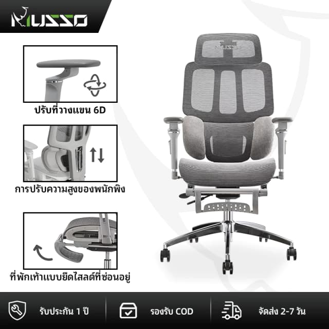 MUSSO รุ่น H80 PRO เก้าอี้สีเทา เก้าอี้สีดำ เก้าอี้สำนักงานตามหลักสรีรศาสตร์ 6D เก้าอี้เบาะ นุ่ม ที่เท้าแขน พนักพิงศีรษะปรับได้ ONE-YEAR WARRANTY