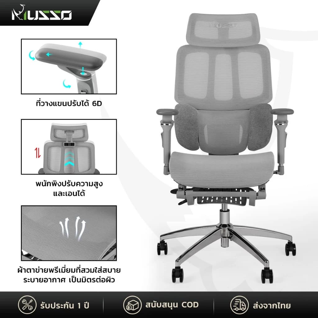 MUSSO รุ่น H80 PRO เก้าอี้สีเทา เก้าอี้สีดำ เก้าอี้สำนักงานตามหลักสรีรศาสตร์ 6D เก้าอี้เบาะ นุ่ม ที่เท้าแขน พนักพิงศีรษะปรับได้ ONE-YEAR WARRANTY https://lnwchill.com