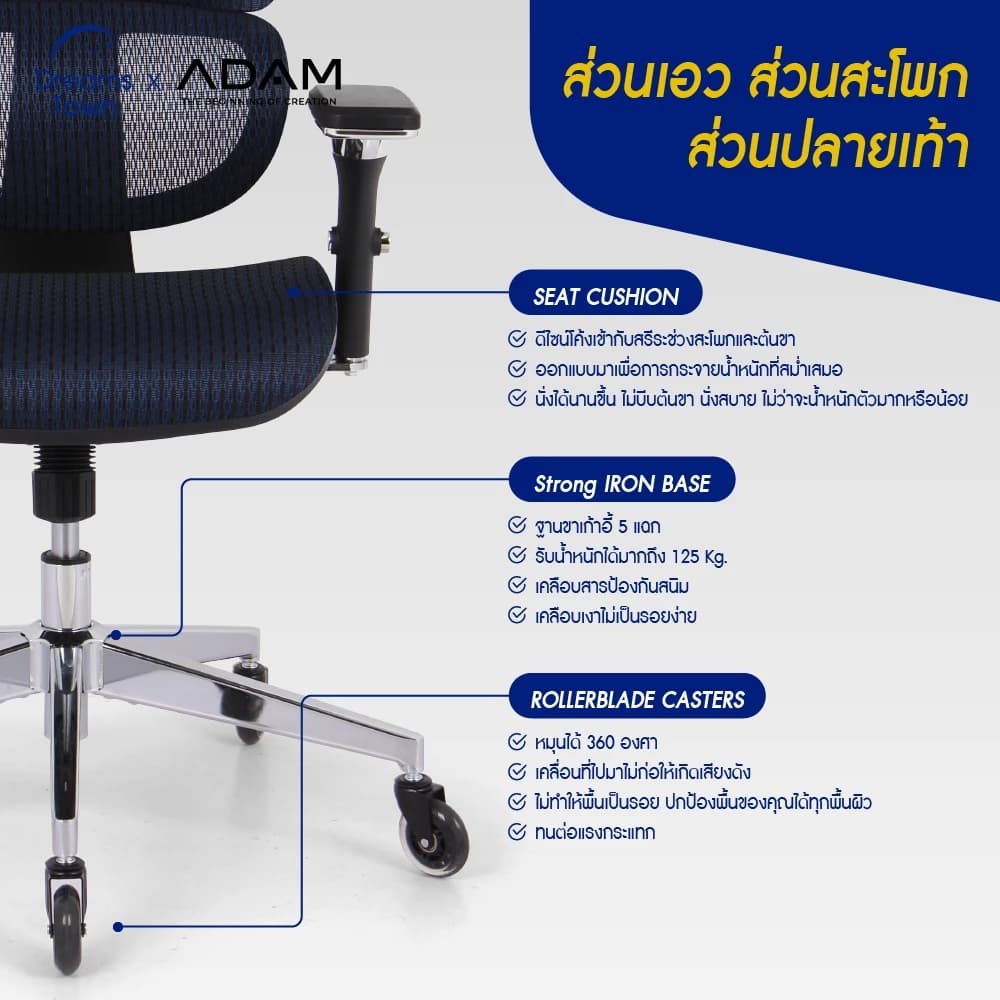 ADAM เก้าอี้ทำงาน เพื่อสุขภาพ เก้าอี้สีน้ำเงิน รองรับสรีระตามสรีรศาสตร์ ช่วยให้นั่งนาน ERGO CHAIR รุ่น DOT.1 Indigo Blue สีน้ำเงิน https://lnwchill.com