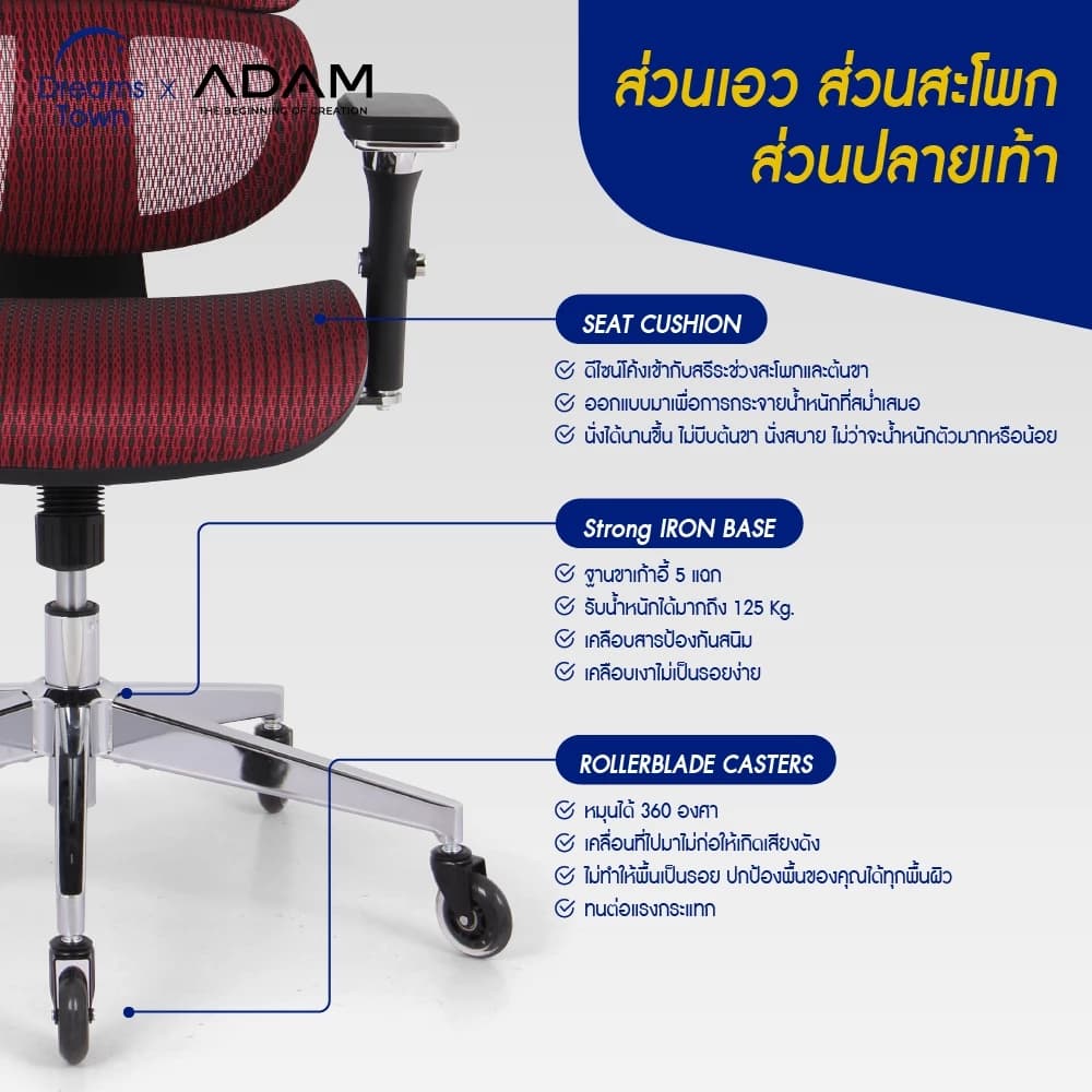 ADAM เก้าอี้ทำงาน เพื่อสุขภาพ เก้าอี้สีแดง ออกแบบเพื่อรองรับสรีระตามสรีรศาสตร์ ช่วยให้นั่งนาน ERGO CHAIR รุ่น DOT.1 Scarlet Red สีแดง https://lnwchill.com