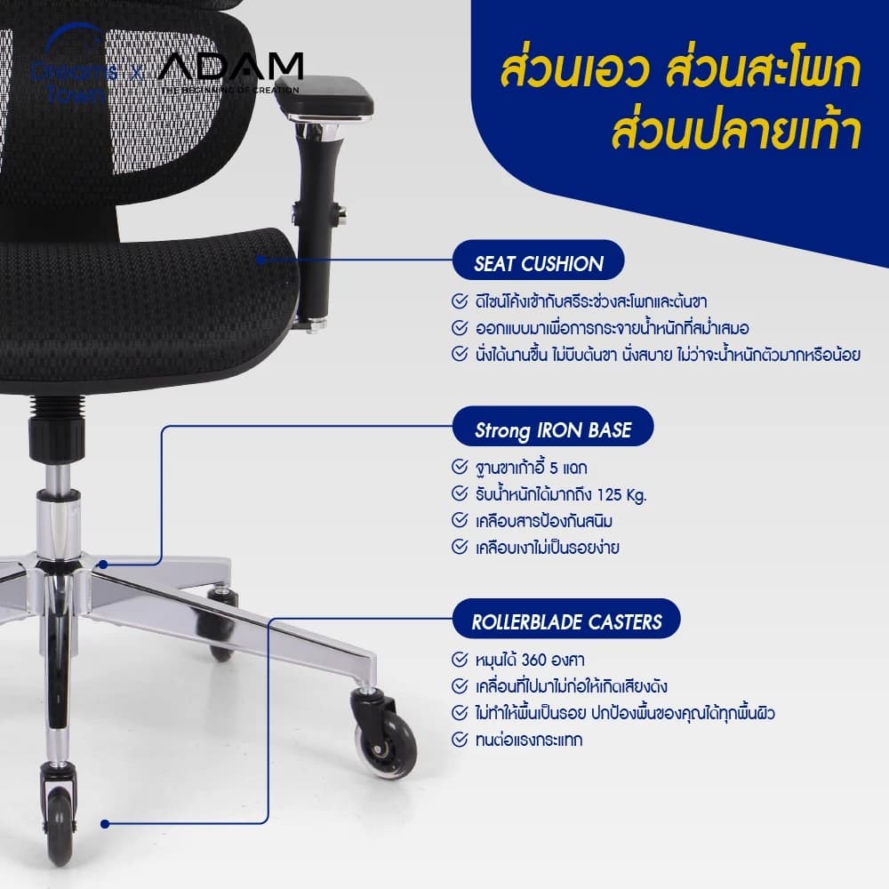 ADAM เก้าอี้ทำงาน เพื่อสุขภาพ เก้าอี้สีดำ ออกแบบเพื่อรองรับสรีระตามสรีรศาสตร์ ช่วยให้นั่งนาน ERGO CHAIR รุ่น DOT.1 Black Onyx สีดำ https://lnwchill.com