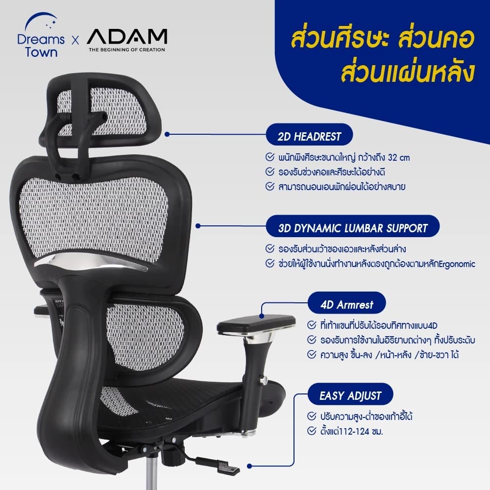 ADAM เก้าอี้ทำงาน เพื่อสุขภาพ เก้าอี้สีดำ ออกแบบเพื่อรองรับสรีระตามสรีรศาสตร์ ช่วยให้นั่งนาน ERGO CHAIR รุ่น DOT.1 Black Onyx สีดำ https://lnwchill.com