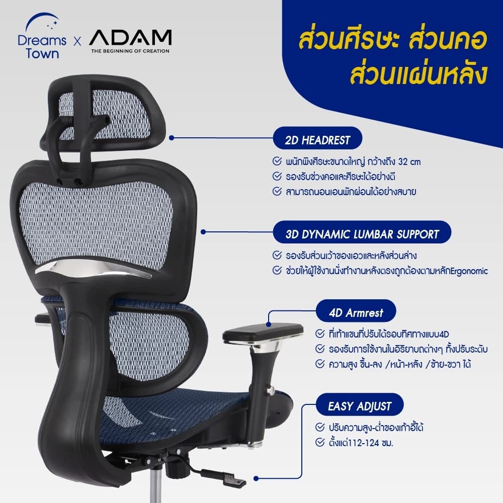 ADAM เก้าอี้ทำงาน เพื่อสุขภาพ เก้าอี้สีน้ำเงิน รองรับสรีระตามสรีรศาสตร์ ช่วยให้นั่งนาน ERGO CHAIR รุ่น DOT.1 Indigo Blue สีน้ำเงิน https://lnwchill.com