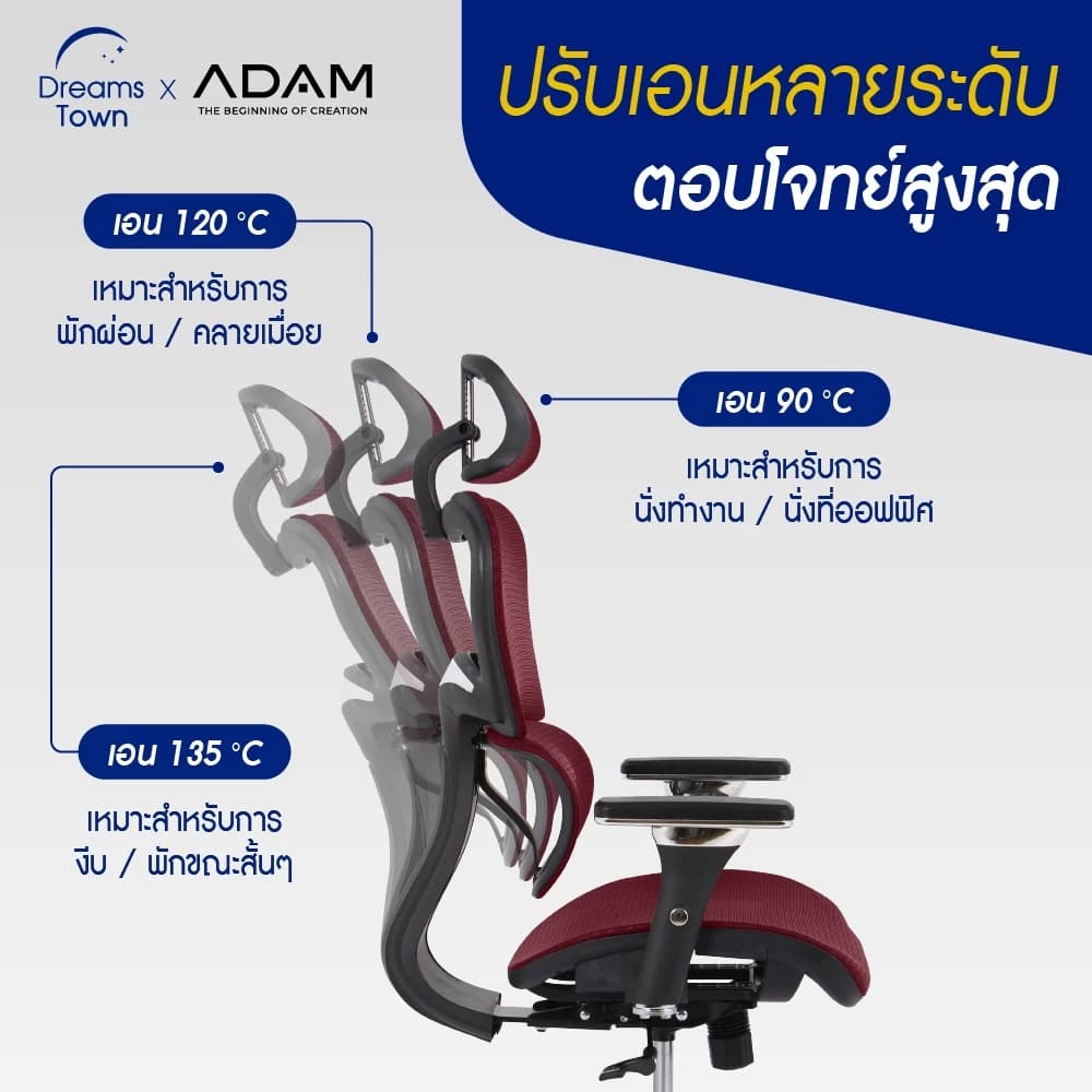ADAM เก้าอี้ทำงาน เพื่อสุขภาพ เก้าอี้สีแดง ออกแบบเพื่อรองรับสรีระตามสรีรศาสตร์ ช่วยให้นั่งนาน ERGO CHAIR รุ่น DOT.1 Scarlet Red สีแดง https://lnwchill.com