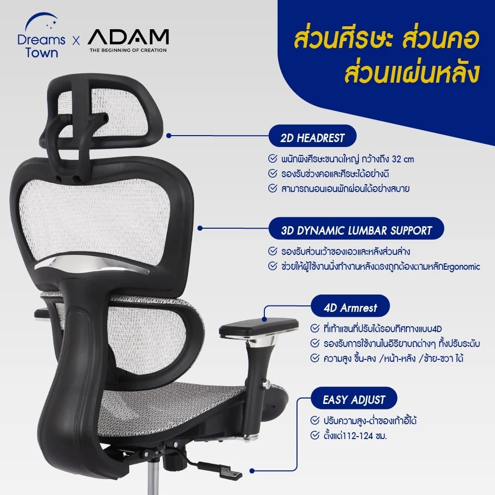 ADAM เก้าอี้ทำงาน เพื่อสุขภาพ เก้าอี้สีเทา ออกแบบเพื่อรองรับสรีระตามสรีรศาสตร์ ช่วยให้นั่งนาน ERGO CHAIR DOT.1 Space Gray สีเทา https://lnwchill.com