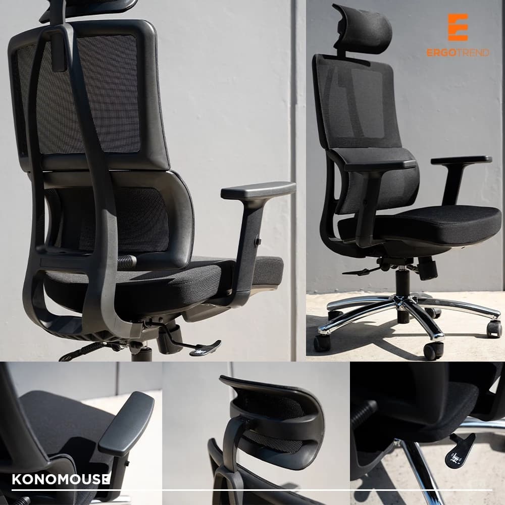 Ergotrend เก้าอี้เพื่อสุขภาพเออร์โกเทรน รุ่น Konomous เก้าอี้สีดำ ระบายอากาศดีเยี่ยม นุ่มสบาย ตามหลักสรีระศาสตร์ Ergonomic เก้าอี้พนักพิงสูง ลดอาการปวดเมื่อย เกรดคุณภาพ https://lnwchill.com
