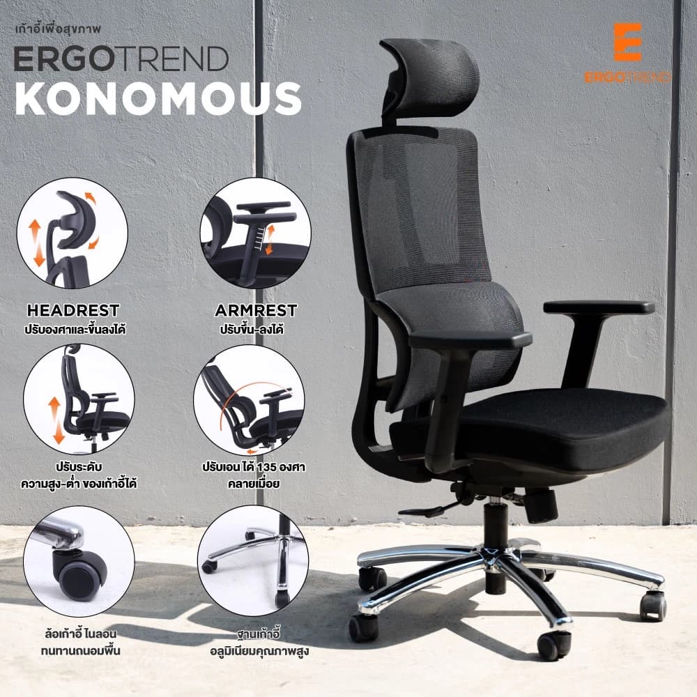 Ergotrend เก้าอี้เพื่อสุขภาพเออร์โกเทรน รุ่น Konomous เก้าอี้สีดำ ระบายอากาศดีเยี่ยม นุ่มสบาย ตามหลักสรีระศาสตร์ Ergonomic เก้าอี้พนักพิงสูง ลดอาการปวดเมื่อย เกรดคุณภาพ https://lnwchill.com