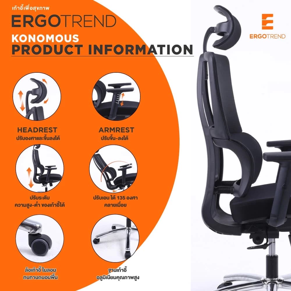 Ergotrend เก้าอี้เพื่อสุขภาพเออร์โกเทรน รุ่น Konomous เก้าอี้สีดำ ระบายอากาศดีเยี่ยม นุ่มสบาย ตามหลักสรีระศาสตร์ Ergonomic เก้าอี้พนักพิงสูง ลดอาการปวดเมื่อย เกรดคุณภาพ https://lnwchill.com