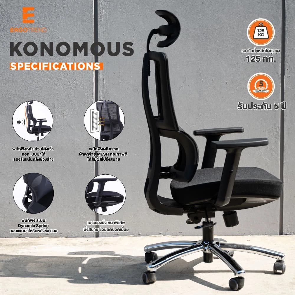 Ergotrend เก้าอี้เพื่อสุขภาพเออร์โกเทรน รุ่น Konomous เก้าอี้สีดำ ระบายอากาศดีเยี่ยม นุ่มสบาย ตามหลักสรีระศาสตร์ Ergonomic เก้าอี้พนักพิงสูง ลดอาการปวดเมื่อย เกรดคุณภาพ https://lnwchill.com