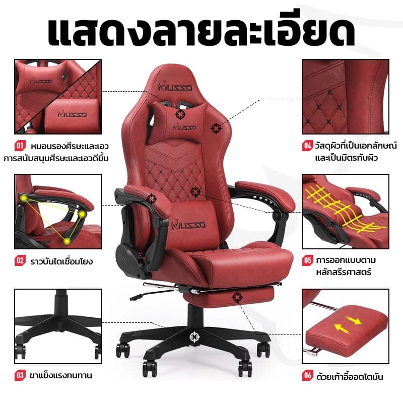 MUSSO รุ่น Shark Series เก้าอี้สีดำ สีแดง สีน้ำตาล สีเทา เก้าอี้คอมพิวเตอร์ เก้าอี้สำนักงานตามหลักสรีรศาสตร์ ลดอาการปวดเมื่อย ปรับความสูงได้ หมุนได้ ขนาดใหญ่พร้อมที่วางเท้า https://lnwchill.com