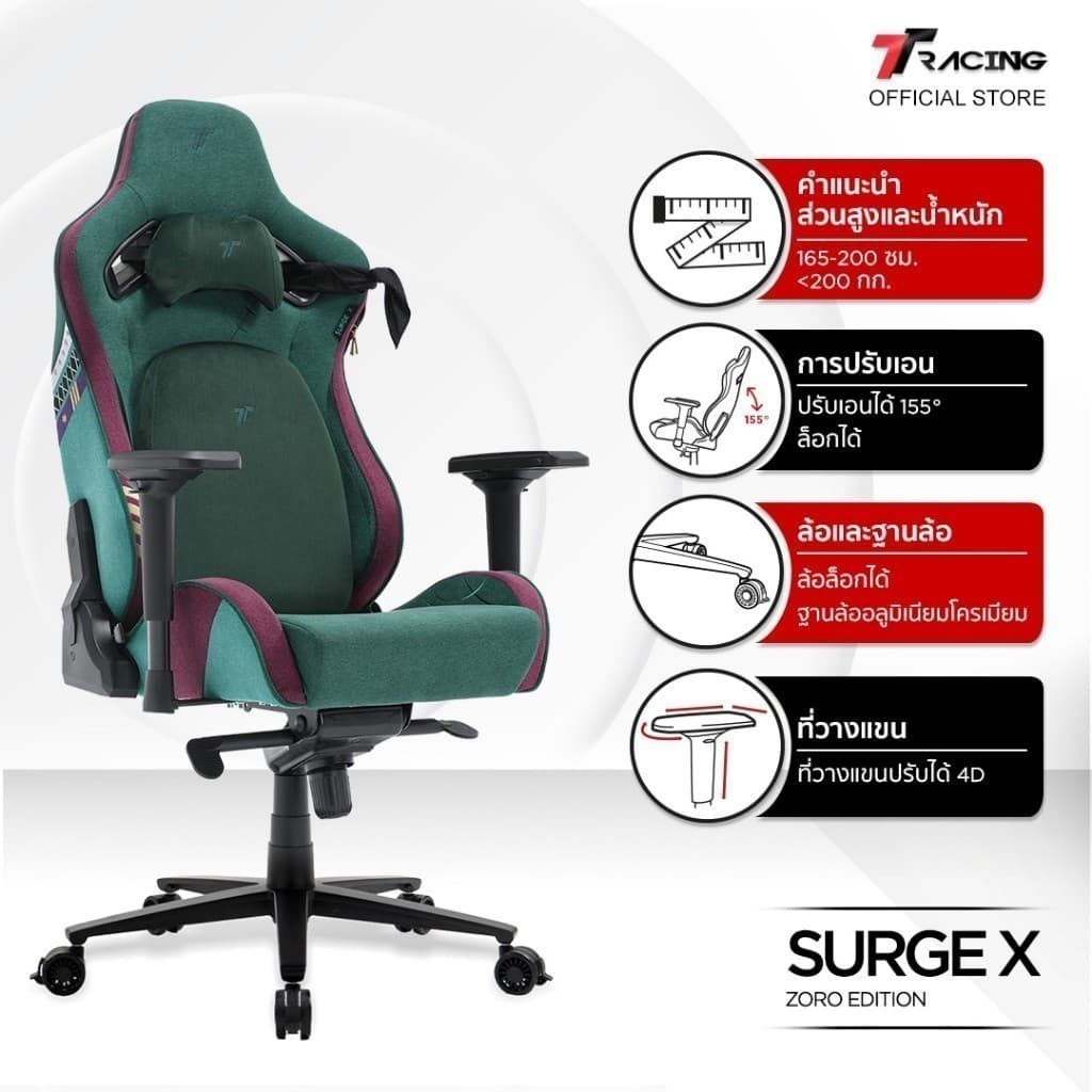 TTRacing รุ่น Surge X Zoro One Piece Edition เก้าอี้เกมมิ่งผ้า Air Threads รองรับสรีระ ปรับเอนได้ 155 องศา ประกัน 2 ปี https://lnwchill.com