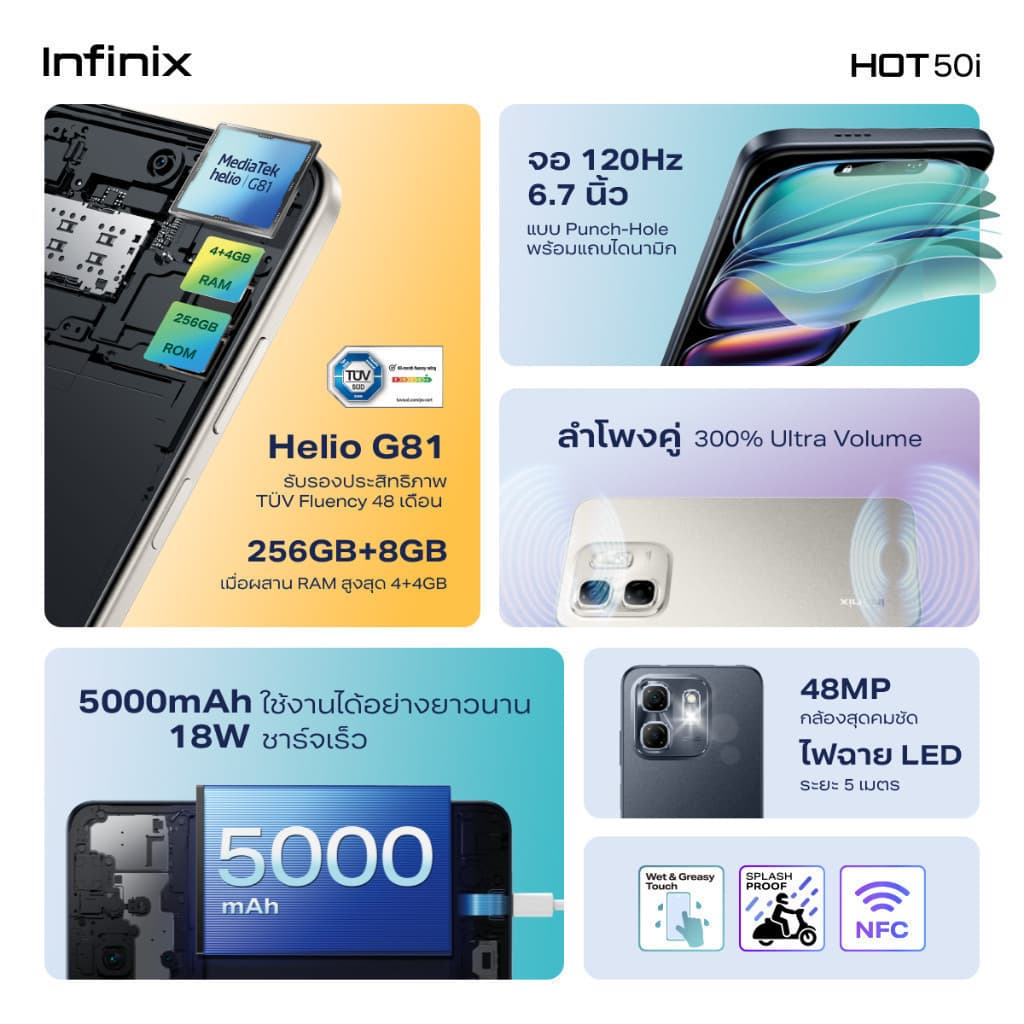 Infinix รุ่น HOT 50i สมาร์ทโฟนจอใหญ่ 6.7 นิ้ว 120Hz RAM 8GB ชิป Helio G81 แบตเตอรี่ 5000mAh รองรับชาร์จเร็ว 18W https://lnwchill.com
