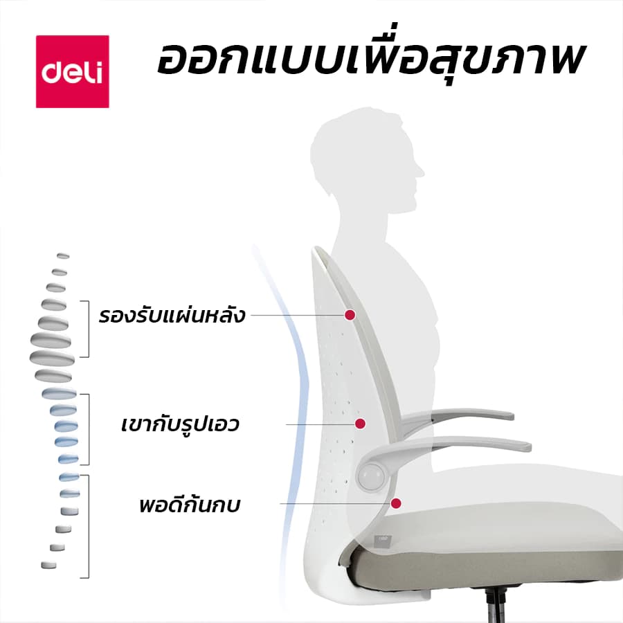 Deli เก้าอี้สำนักงาน เก้าอี้ออฟฟิศ เก้าอี้สีเทา นั่งทำงาน นั่งสบาย ทำความสะอาดง่าย ปรับความสูงได้ 10 cm. ที่วางแขนพับได้ Office Chair ราคาดี เกรดพรีเมี่ยม https://lnwchill.com