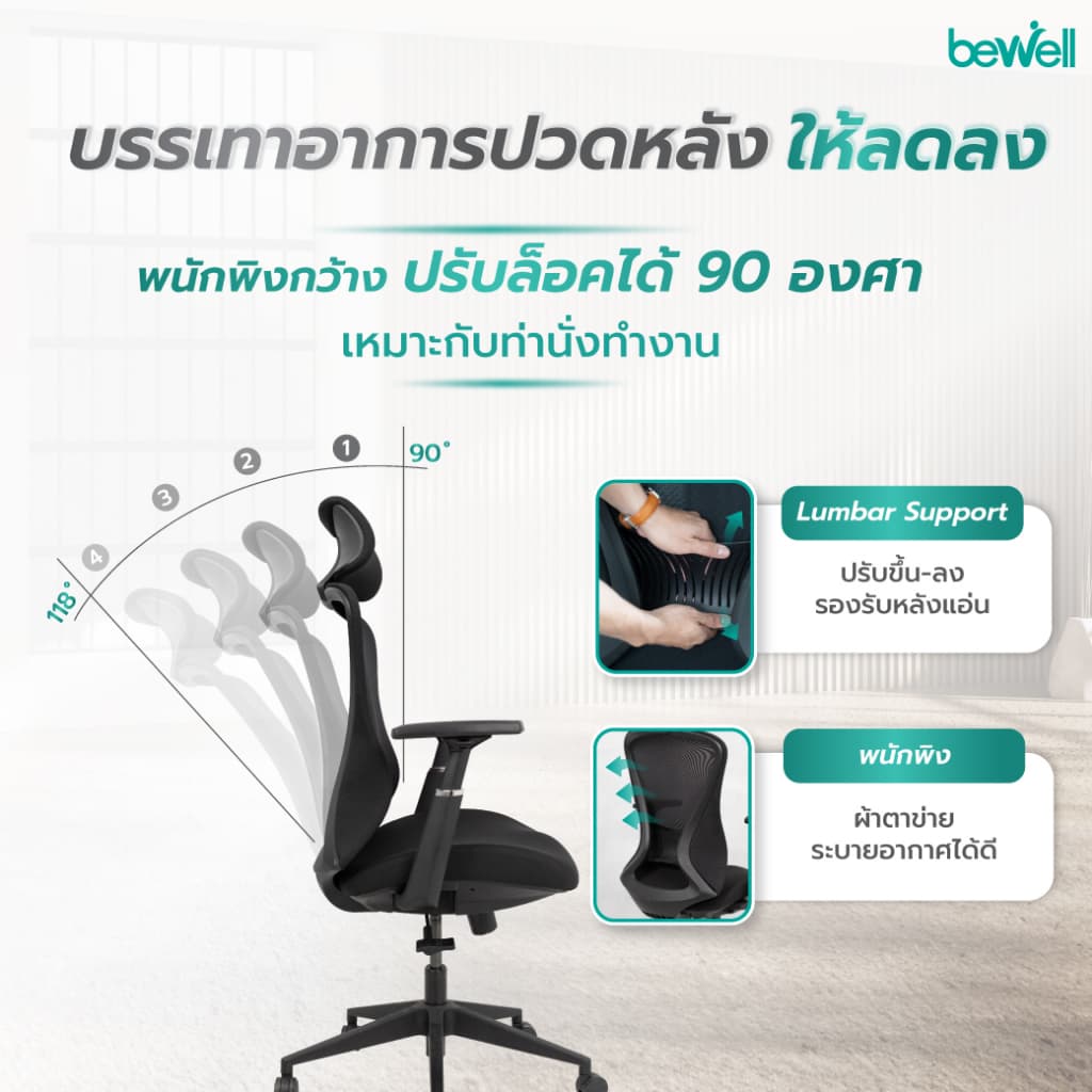 Bewell FOSTER เก้าอี้ทำงานเพื่อสุขภาพ Ergonomic เก้าอี้สีดำ ปรับเอนพนักพิงได้ถึง 90-108 องศา และล็อคองศาที่ต้องการ ระบายอากาศดีเยี่ยม ที่วางแขนแบบ 3D https://lnwchill.com