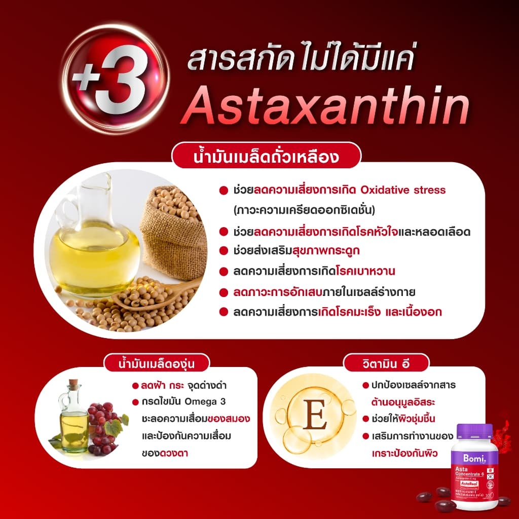 Bomi Astaxanthin [3 กระปุก] AstaReal Asta Concentrate 6 (30 Capsules) 30 แคปซูล / กระปุก รวม 90 แคปซูล https://lnwchill.com