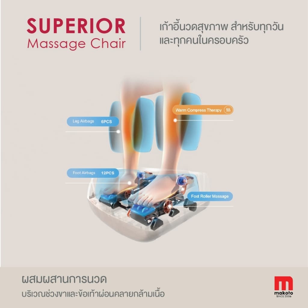 Makoto Superior เก้าอี้นวดไฟฟ้า สีน้ำตาล Auto 8 โปรแกรม ระบบสแกนร่างกาย ปรับตำแหน่งการนวด ระบบ Zero Gravity โปรแกรมอัตโนมัติ Voice Control/ Back Heat/ Bluetooth https://lnwchill.com