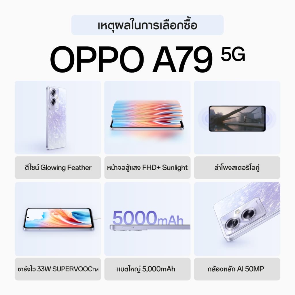 OPPO A79 5G (4+128G) | โทรศัพท์มือถือ กล้อง 50 MP ชาร์จไว 33W แบตเตอรี่ 5000 mAh รับประกัน 12 เดือน https://lnwchill.com