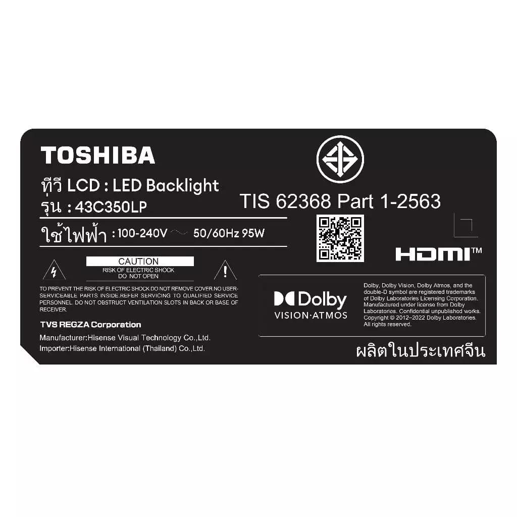 Toshiba TV รุ่น 43C350NP ทีวี ขนาด 43 นิ้ว 4K Ultra HD Google TV High Dynamic Range YouTube NETFLIX Smart TV https://lnwchill.com