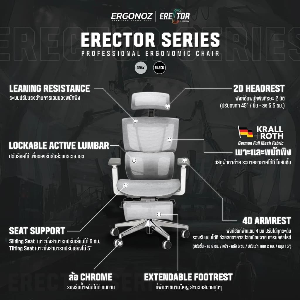 ERGONOZ รุ่น ERECTOR Professional เก้าอี้สีเทา เก้าอี้สีดำ Ergonomic chair เก้าอี้ทำงาน เก้าอี้คอมพิวเตอร์ เพื่อสุขภาพ รองรับน้ำหนักได้ 136 Kg. https://lnwchill.com