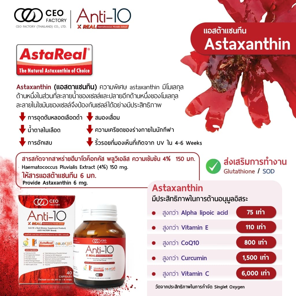 CEO Factory Astaxanthin Astareal แคปซูล Capsules แอสตาแซนธิน แอนตี้-เท็น เอกซ์ เรียว Anti-10 x Real (ผลิตภัณฑ์เสริมอาหาร) (ตรา ซีอีโอ แฟคตอรี่) สาหร่ายสีแดง ฮีมาโตค็อกคัส พลูวิเอลิส 40 แคปซูล https://lnwchill.com