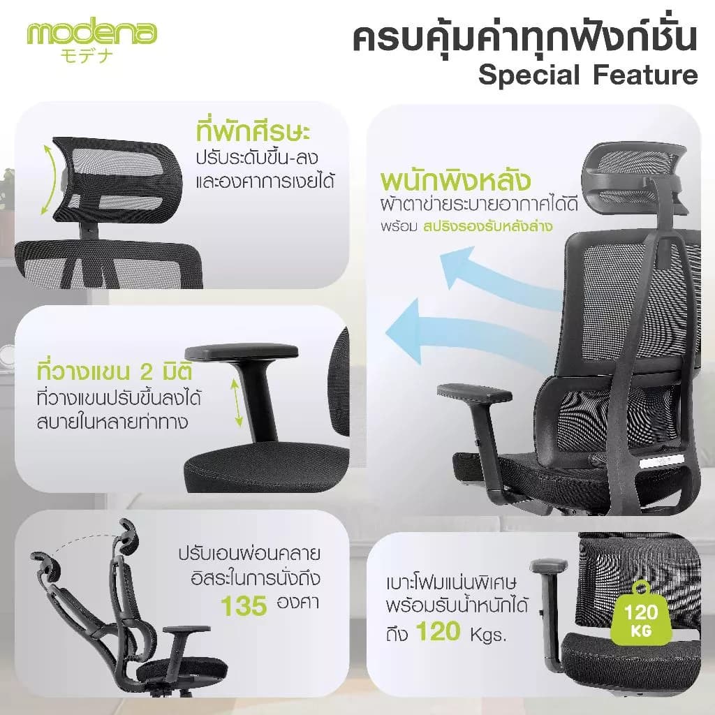 Modena เก้าอี้สุขภาพ รุ่น Kama Plus เก้าอี้สีดำ เก้าอี้ทำงานเพื่อสุขภาพ Ergonomic Chair นุ่มสบาย ตามหลักสรีระศาสตร์ ราคาดีระบายอากาศดีเยี่ยม รองรับน้ำหนัก 120 kg. https://lnwchill.com