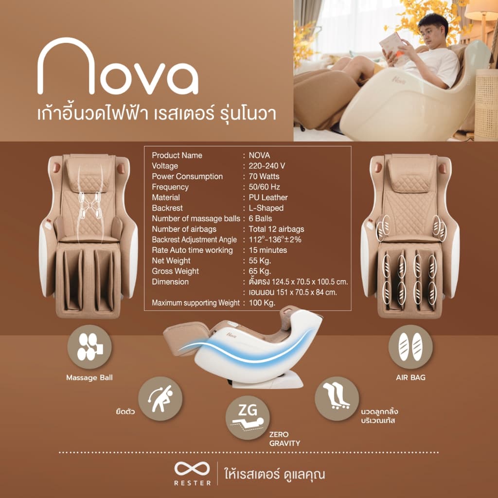 Rester Nova เก้าอี้นวดไฟฟ้า โปรแกรมอัตโนมัติ ระบบ Zero Gravity โซฟานวดไฟฟ้า เก้าอี้เบาะนุ่ม เกรดพรีเมี่ยม ลดอาการปวดเมื่อย นวดแบบผสมผสาน เพื่อความผ่อนคลายขั้นสุด https://lnwchill.com
