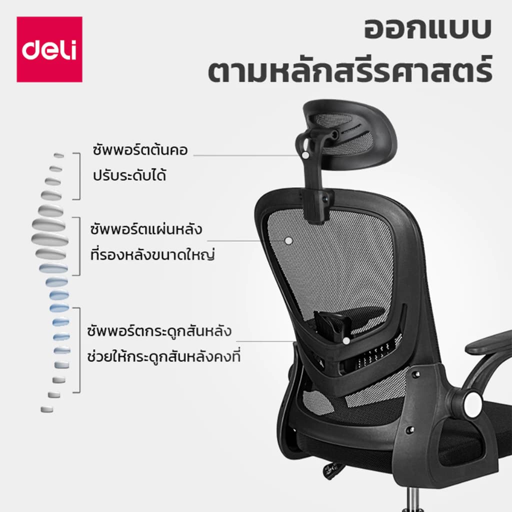 Deli เก้าอี้ออฟฟิศ เก้าอี้สำนักงาน ที่นั่งทำงาน เก้าอี้สีดำ ระบายอากาศดีเยี่ยม พนักพิงศรีษะ2D ที่รองเอวปรับได้ ลดการปวดคอ ไหล่ ergonomic Office Chair https://lnwchill.com