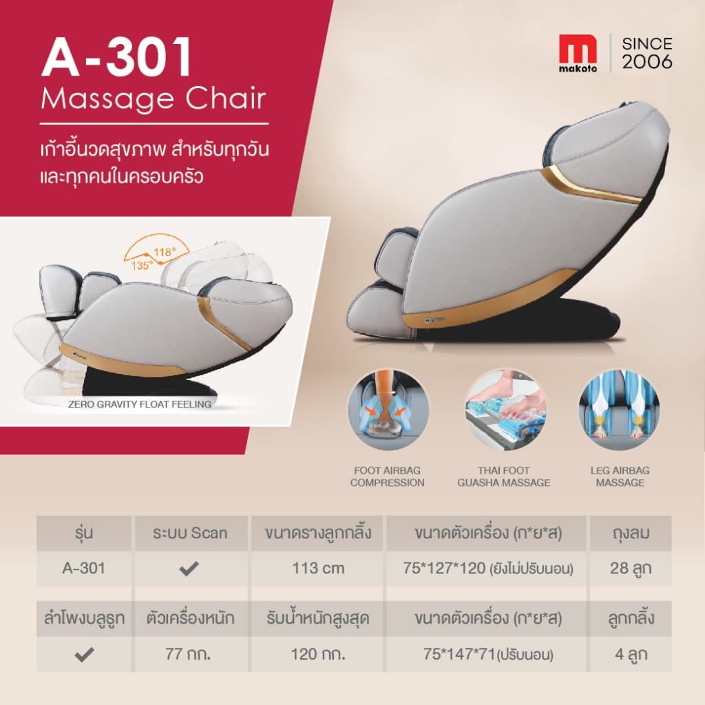 Makoto A301 เก้าอี้นวด เก้าอี้นวดไฟฟ้า สีเทา ระบบสแกนร่างกาย โปรแกรมอัตโนมัติ BODY Scan ที่ช่วยหาตำแหน่งสรีระต่างๆของร่างกาย เก้าอี้นวดเกรดพรีเมี่ยม https://lnwchill.com