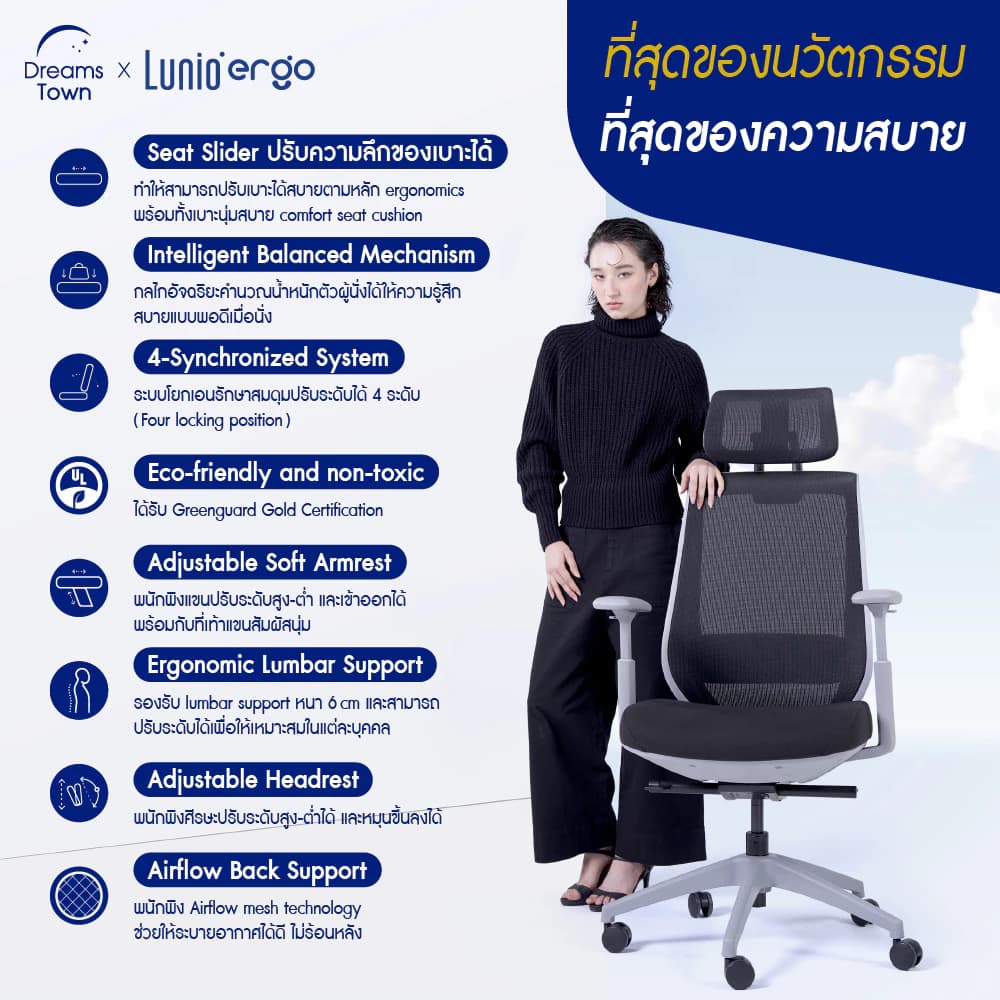 Lunio Ergo เก้าอี้ทำงาน เพื่อสุขภาพ เก้าอี้สีดำ เก้าอี้สีเทา มาตรฐาน USA ออกแบบเพื่อรองรับสรีระตามสรีรศาสตร์ Ergonomic ระบายอากาศดีเยี่ยม ไร้กังวลเรื่องปวดเมื่อย รุ่น Apollo https://lnwchill.com