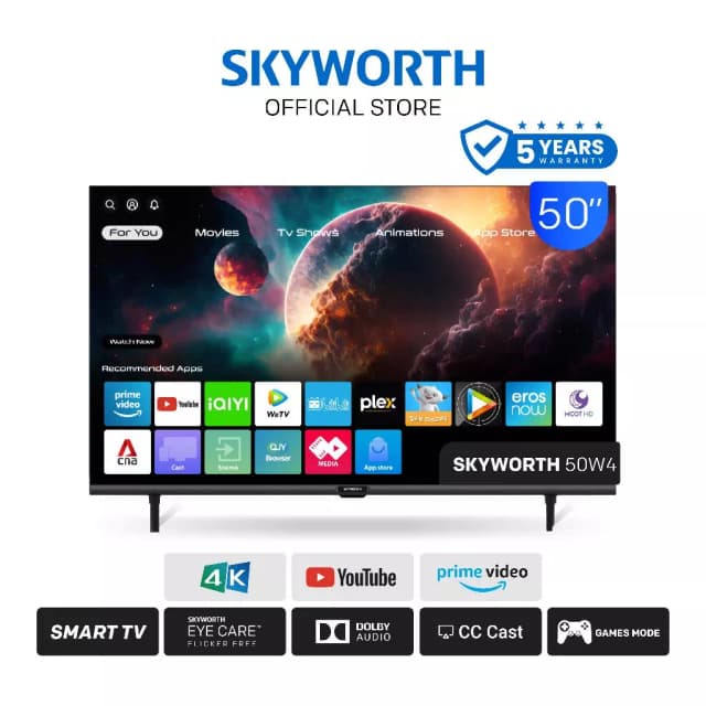 SKYWORTH ขนาด 50 นิ้ว Smart TV รุ่น 50W4 คมชัด 4K รองรับ WIFI Youtube Browser [รับประกัน 3 ปี + ส่งฟรีไม่มีขั้นต่ำ]
