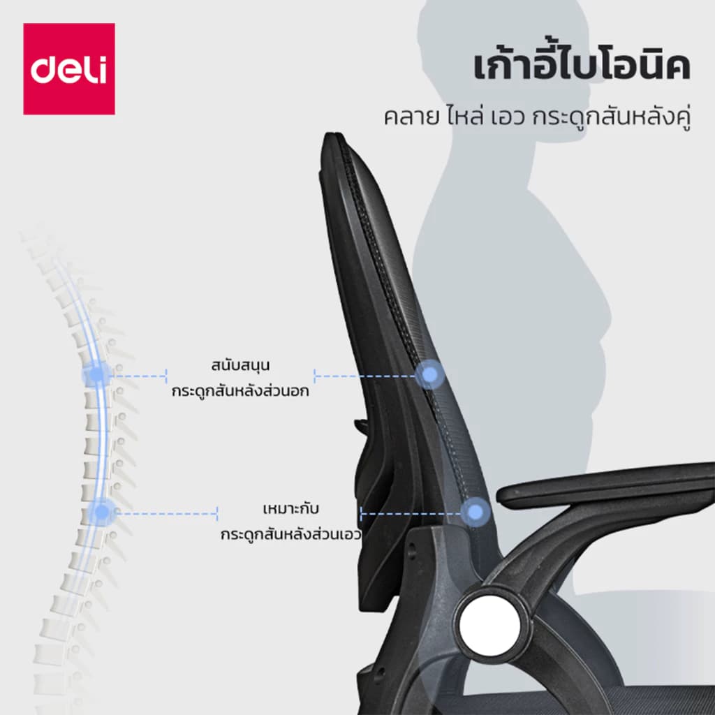 Deli เก้าอี้สำนักงาน เก้าอี้สีดำ เก้าอี้สีขาว เก้าอี้ไบโอนิค ช่วยคลายไหล่ นั่งสบาย ที่วางแขนพับได้ เหล็กชุบโครเมียม เก้าอี้พนักพิงต่ำ รับประกันคุณภาพ อุปกรณ์สำนักงาน Office Chair https://lnwchill.com